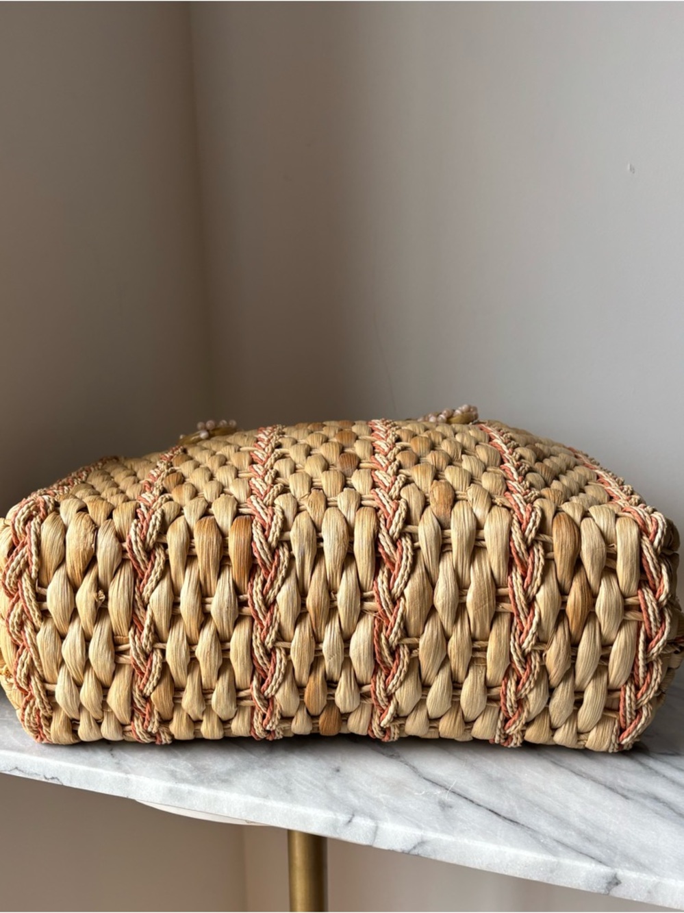 Vintage Straw Tote Handle Bag w Wicker Handles Top Zipper Beaded Handle Detail - Picture 8 of 16